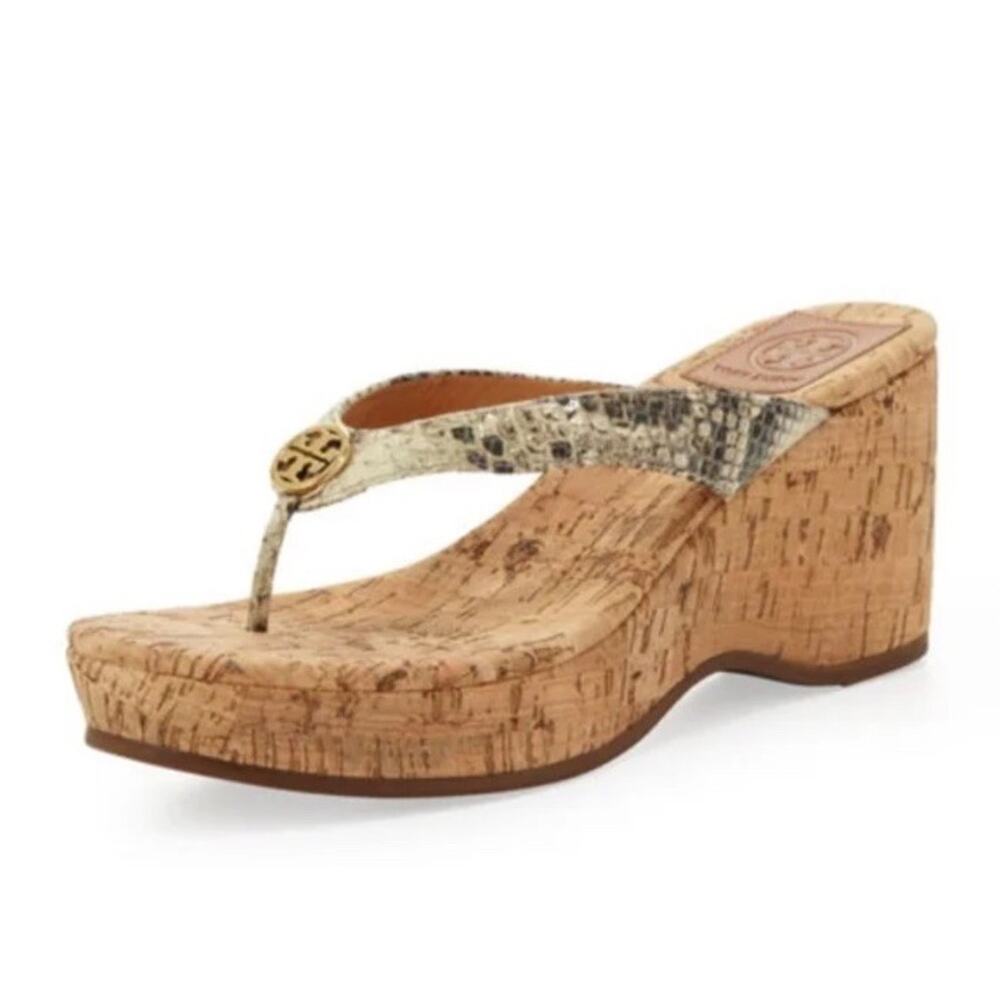 Tory Burch Thora Snake Embossed Leather Print Cork Wedge Flip Flops-8M